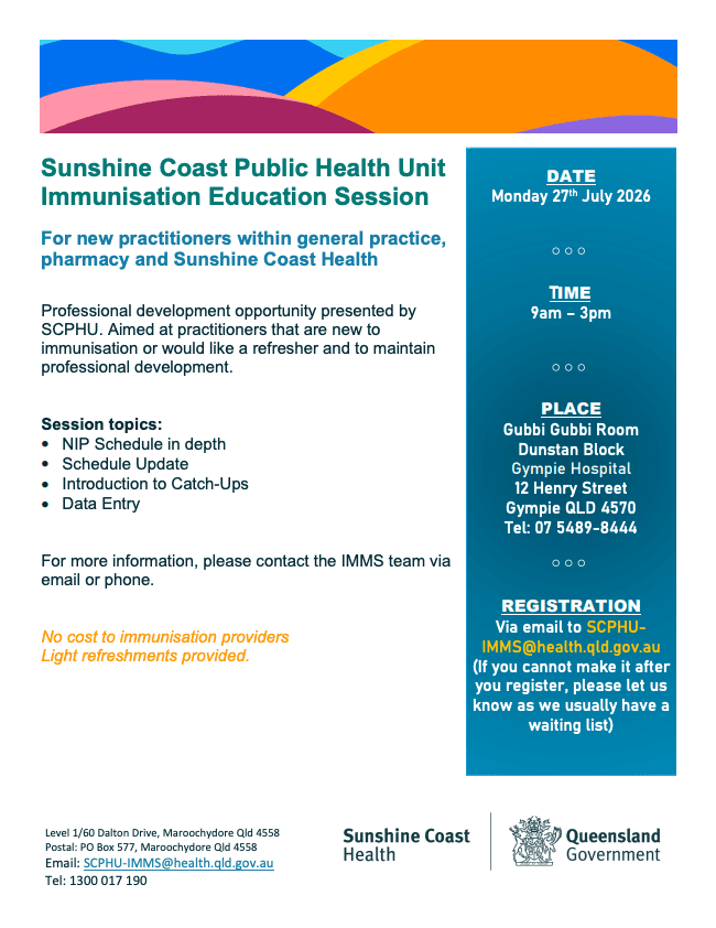 Sunshine Coast Public Health Unit Immunisation Education Session – Gympie Event Flyer